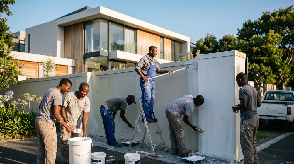 Professional team painting a boundary wall at a modern home in Hermanus