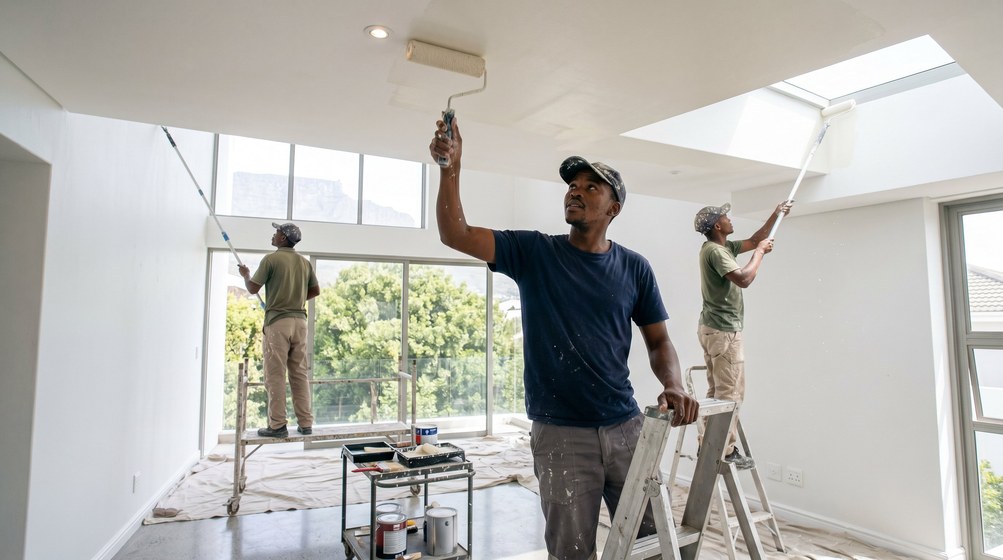 Professional ceiling painters rolling white paint onto a high ceiling in Hermanus