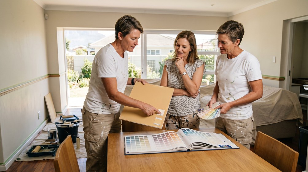 Professional colour consultant showing paint swatches to a homeowner in Hermanus