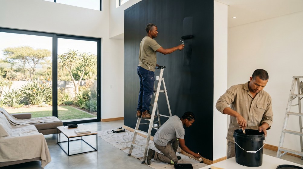 Professional painters creating a bold black feature wall in a modern Hermanus home