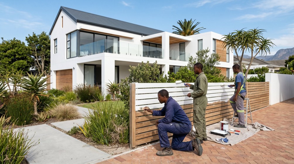 Professional fence painters painting a wooden fence at a coastal home in Hermanus
