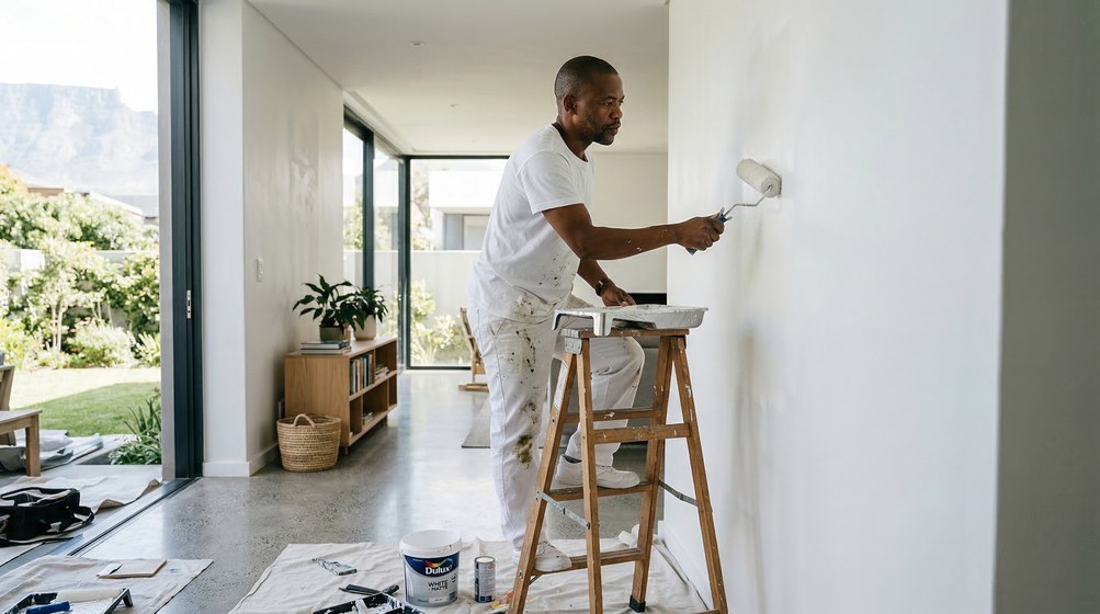 Professional interior painter in Hermanus painting walls with a roller
