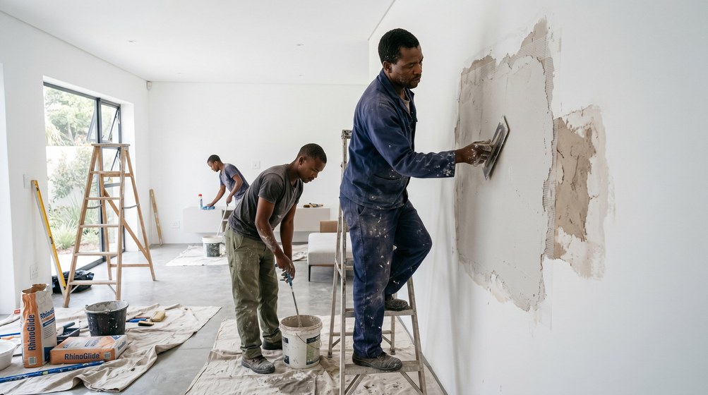 Professional plaster repair team skim coating damaged walls in Hermanus
