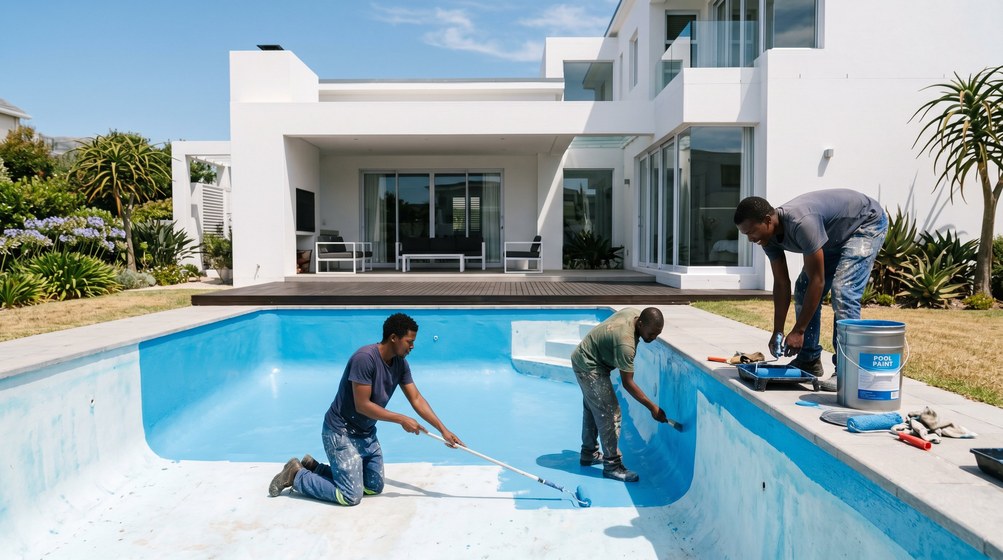 Professional pool painters applying blue pool paint to a swimming pool in Hermanus