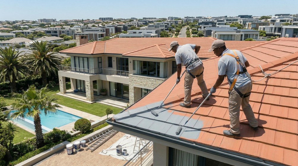 Professional roof painters applying waterproof coating to tiled roof in Hermanus