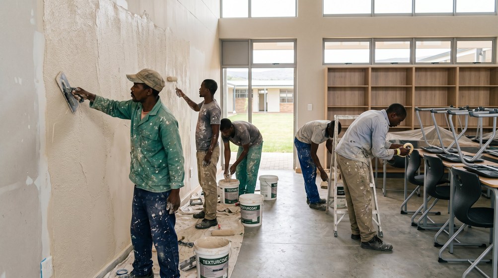 Professional texture coating team applying Texturcoat to interior walls in Hermanus