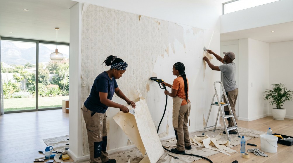 Professional wallpaper removal team stripping old wallpaper in a Hermanus home