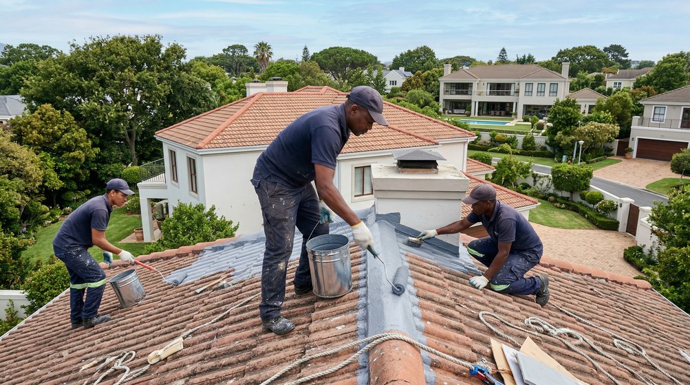 Professional waterproofing team applying membrane to roof in Hermanus