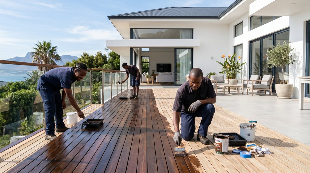 Professional wood staining team applying deck stain overlooking the ocean in Hermanus
